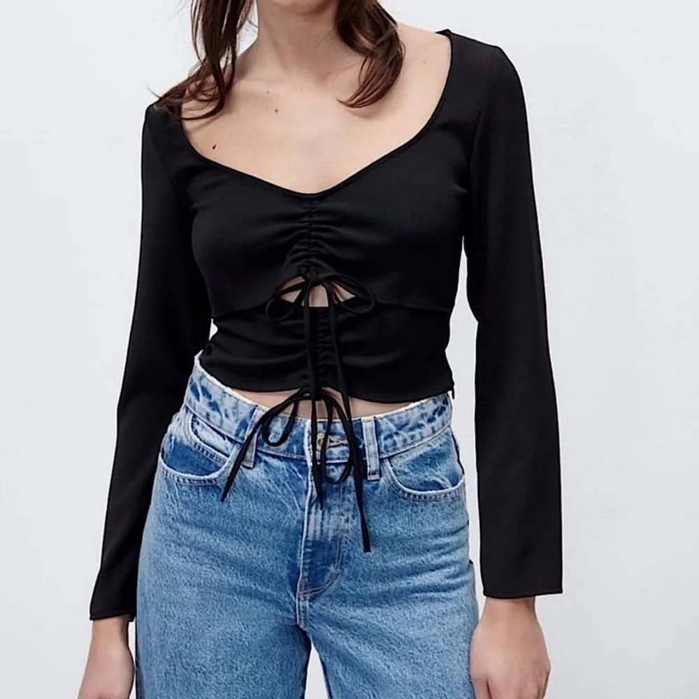 Zara black top long sleeve front open double lace left zipper up grunge Y2K